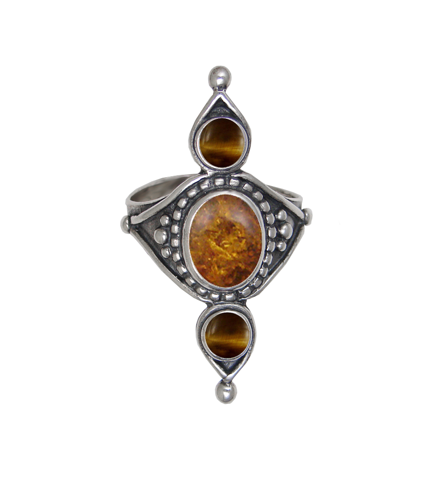 Sterling Silver Royal Ring With Amber And Tiger Eye Size 9